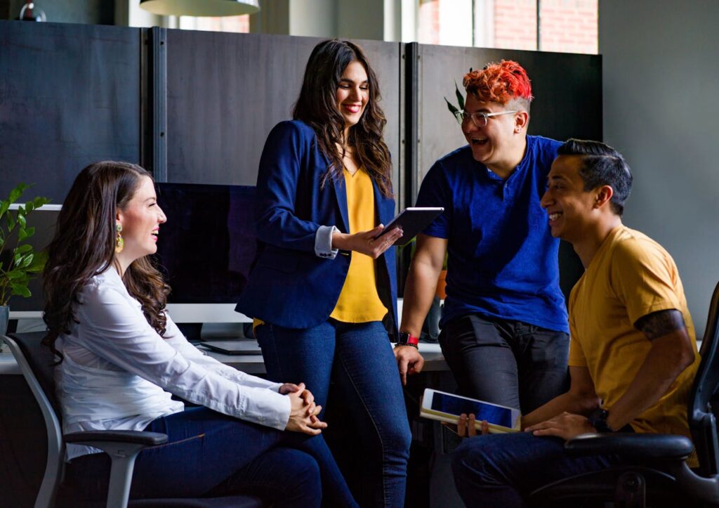 colleagues chatting in office